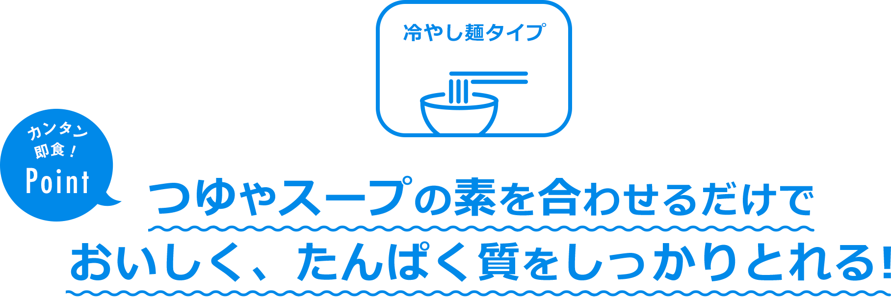 冷やし麵タイプ　カンタン即食！Point 容器から出して、つゆやたれを合わせるだけ！